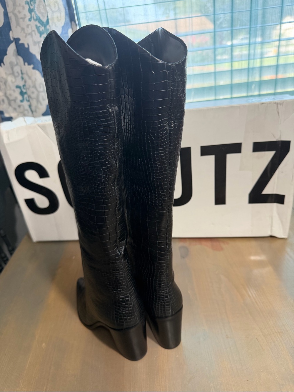 SCHUTZ Black Croc-Embossed Over-the-Knee Pointed-Toe Boots - Picture 3 of 5
